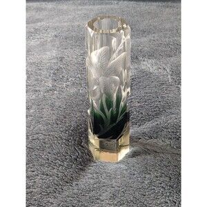 ATQ VTG Moser Karlsbad Green Fade Cut Glass Bud Vase Faceted 6"